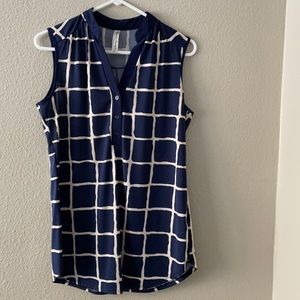 Navy L windowpane print stretch blouse with button detail
